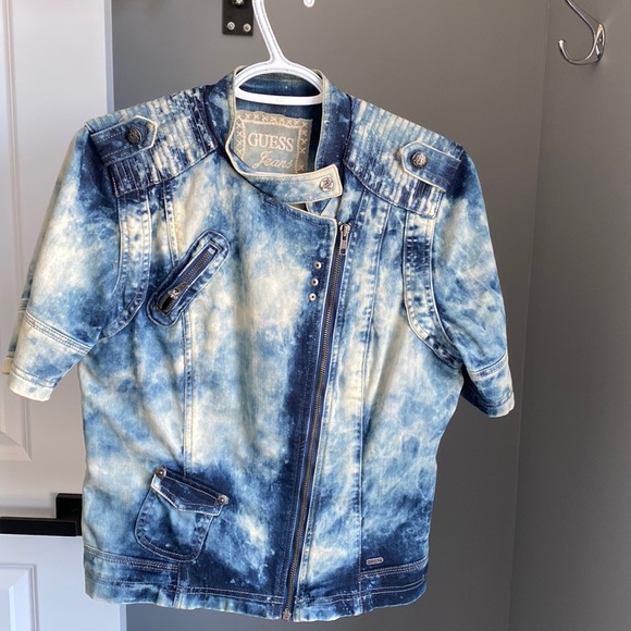 Fantastic retro acid wash or tie dye look guess short sleeve jean jacket size L - Picture 1 of 16